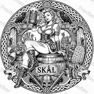 Puede incluir: Una ilustraci&oacute;n circular en blanco y negro de una persona sentada sobre un barril de madera con la etiqueta SK&Aring;L, sosteniendo una jarra de cerveza. La escena incluye dos cuervos, dos lobos, un casco vikingo, hachas cruzadas y barcos vikingos.