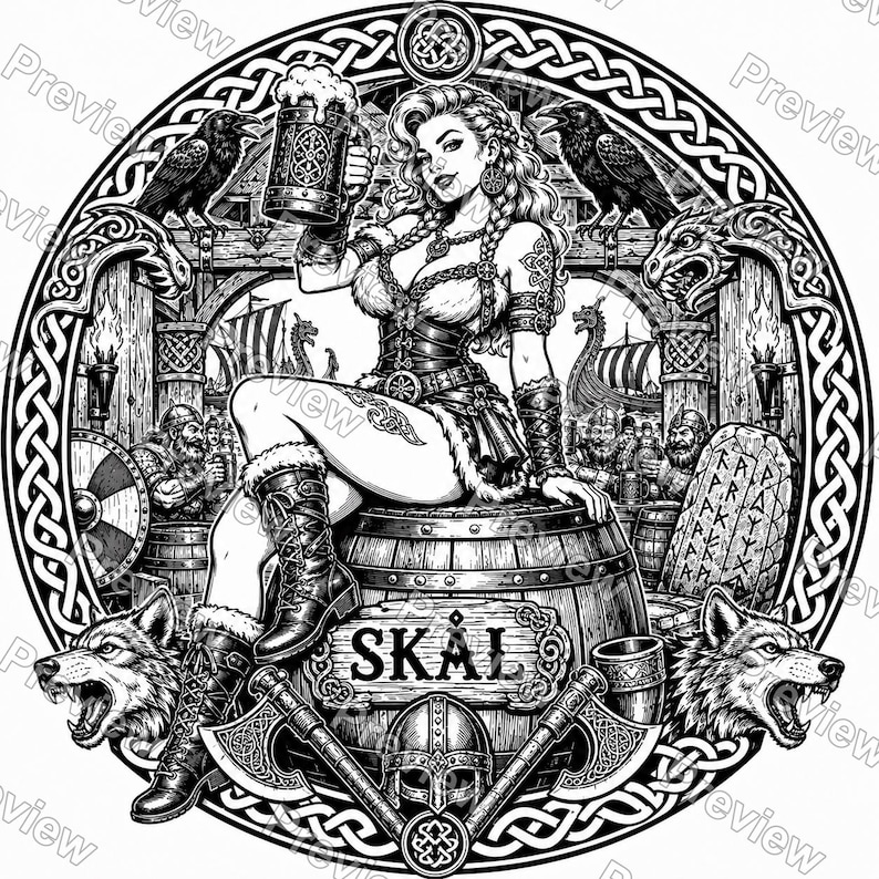 Puede incluir: Una ilustraci&oacute;n circular en blanco y negro de una persona sentada sobre un barril de madera con la etiqueta SK&Aring;L, sosteniendo una jarra de cerveza. La escena incluye dos cuervos, dos lobos, un casco vikingo, hachas cruzadas y barcos vikingos.