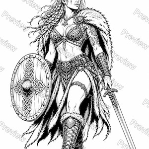 May include: A black and white line art illustration of a warrior figure with braided hair, wearing a fur-trimmed cloak, ornate armor, and boots. The figure holds a circular shield with intricate knotwork patterns and a long sword, standing on rocks.