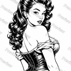 May include: A black and white line art illustration of a person with voluminous wavy hair, wearing a corset top with off-the-shoulder sleeves and a stud earring. The person is looking over their shoulder with a neutral expression.