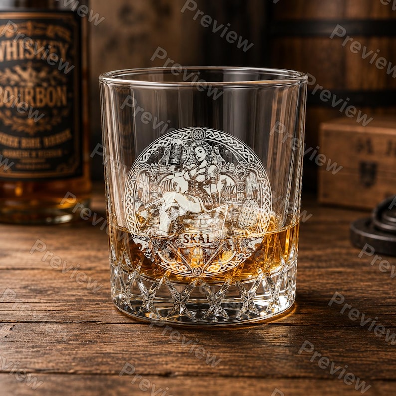 Puede incluir: Un vaso de whisky transparente con un dise&ntilde;o circular grabado de una figura sentada que sostiene una jarra, rodeada de intrincados patrones de nudos y la palabra SKAL. El vaso tiene una base pesada y facetada y contiene l&iacute;quido &aacute;mbar.