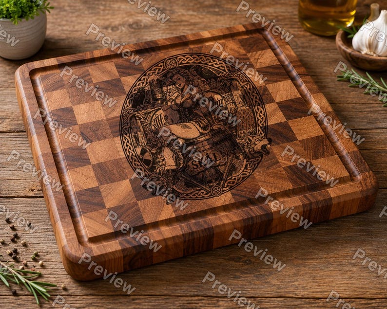 Puede incluir: Una tabla de cortar cuadrada de madera con un patr&oacute;n de tablero de ajedrez de bloques de madera clara y oscura. El centro presenta una ilustraci&oacute;n circular grabada con l&aacute;ser de una figura sentada en un barril, rodeada de nudos y hachas.