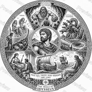 May include: A circular black and white illustration depicting scenes from the Odyssey, featuring a central portrait of a man surrounded by vignettes of Polyphemus, Sirens, Scylla, Charybdis, Circe, and Calypso, with the text Not All Those Who Wander Are Lost.