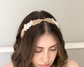 Calista - Diadema oro e bianco sporco / Fascia per capelli di ispirazione greca / Corona dorata da dea / Diadema di alloro