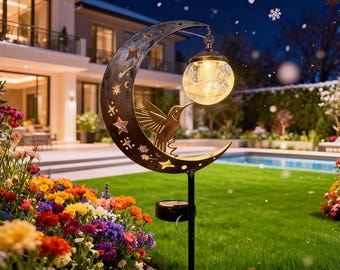 Whimsical Solar Hummingbird Moon Light, Weather-Resistant Metal & Glass Garden Decor for Nighttime Ambiance