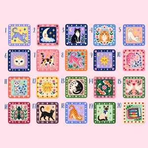 May include: A collection of twenty square coasters featuring colourful illustrations of cats, celestial bodies, koi fish, birds, and sardines, each numbered from 1 to 20 with decorative floral borders and patterns on a light pink background.