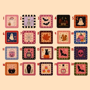 Puede incluir: Una colección de veinte posavasos cuadrados con ilustraciones temáticas de Halloween que incluyen fantasmas, esqueletos, murciélagos, calabazas, una telaraña, una ardilla, una botella de poción, una calavera, un caldero y un ataúd.