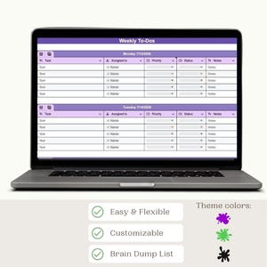 May include: A laptop displaying a digital weekly to-do list planner with purple headers for Monday 7/13/2026 and Tuesday 7/14/2026. Below the screen are three text boxes labeled Easy & Flexible, Customizable, and Brain Dump List, plus three paint splatters in purple, green, and black.