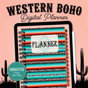 May include: A digital planner displayed on a tablet screen with a stylus. The planner cover features a turquoise, orange, and white striped pattern with black and white animal print accents. The text reads WESTERN BOHO Digital Planner and PLANNER.