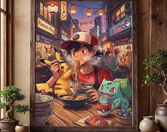 Ash and pikachu in a ramen shop poster – pokemon inspired wall art print  decor (digital download)