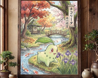 Chikorita poster – pokemon inspired wall art print decor (digital download)
