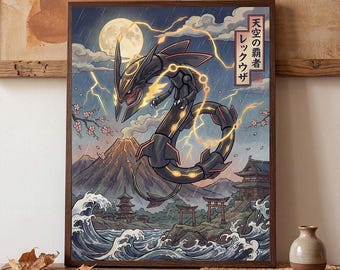 Poster di Mega Rayquaza cromatico – stampa artistica da parete ispirata ai Pokémon (download digitale)