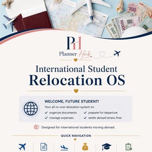 May include: A digital planner titled International Student Relocation OS by Planner Hub. The layout includes sections for document organization, expense management, and departure preparation, featuring icons for travel, budget, and student life setup.