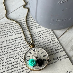 Watch necklace, gift for her, pocket watch, steampunk, antique, clock necklace, charm necklace, pocket watch with flowers, watch pendant