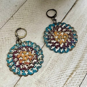 Turquoise filigree earrings, hand painted earrings, bronze filigree earrings, boho earrings, earrings rustic, jewelry, earrings boho