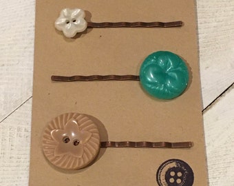 4 HEART BUTTON Hair Clip Bobby Pin Handmade Vintage Hand Made Fabric Shabby Chic
