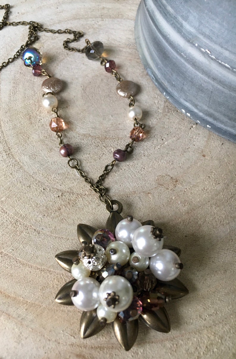 one of a kind steampunk Vintage Pendant Necklace pearl pendant
