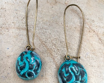 Turquoise  patina earrings, dangle earrings, bohemian jewelry, hand painted earrings