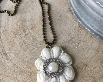 Flower necklace, lace pendant necklace, bronze necklace, layering necklace, gift for her