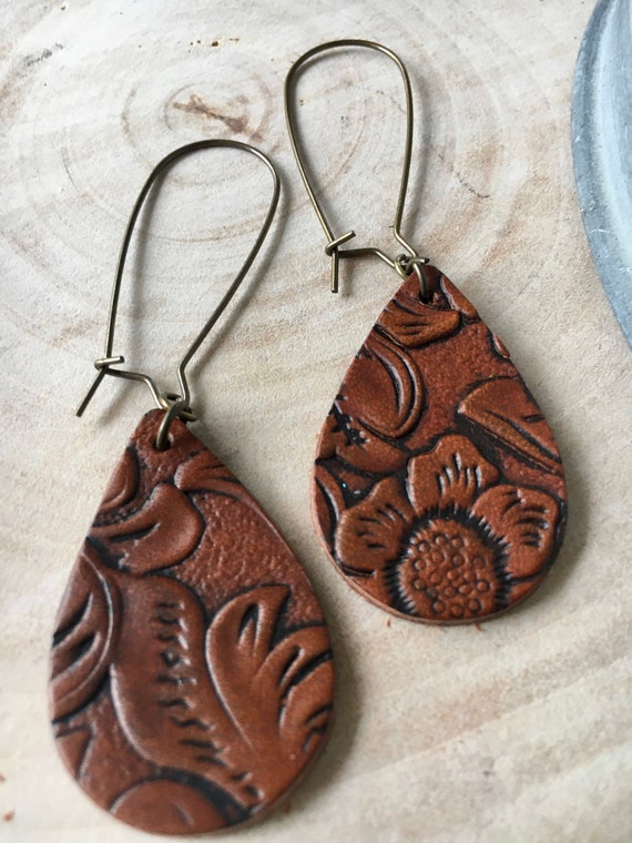 Leather Earrings Embossed Leather Earrings Dangle Earrings