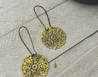 Yellow filigree earrings, hand painted earrings, bronze filigree earrings, boho earrings, earrings rustic, jewelry, earrings boho