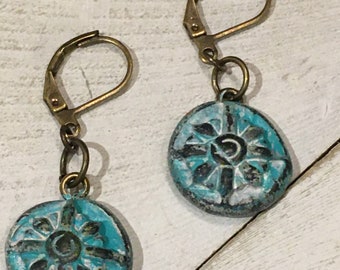 Turquoise  sun earrings, patina earrings, dangle earrings, bohemian jewelry, hand painted earrings