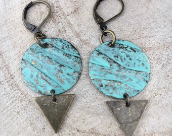 Turquoise earrings, geometric earrings, patina earrings, hand painted earrings, bohemian jewelry