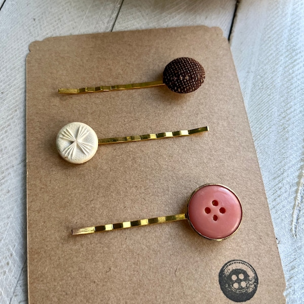 Button Bobby Pins, vintage, repurposed buttons, hair accessories, button barrettes