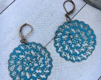 Turquoise filigree earrings, hand painted earrings, bronze filigree earrings, boho earrings, earrings rustic, jewelry, earrings boho