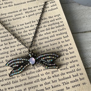 Dragon fly necklace, rhinestone dragon fly necklace, dragon fly jewelry, bug necklace, dragon fly charm necklace, whimsical necklace