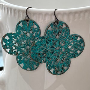 Turquoise filigree earrings, hand painted earrings, turquoise filigree painted earrings, boho earrings, patina earrings, dangle earrings