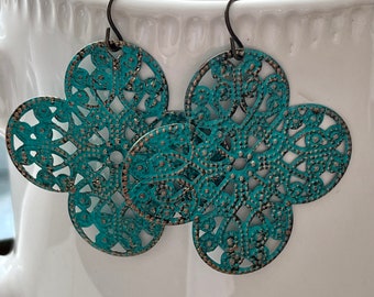 Turquoise filigree earrings, hand painted earrings, turquoise filigree painted earrings, boho earrings, patina earrings, dangle earrings