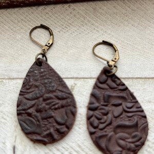 Leather Earrings, embossed leather earrings, dangle earrings, bohemian jewelry, rustic earrings
