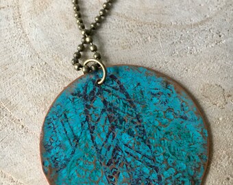 Feather Necklace, turquoise patina necklace, bohemian necklace, feather jewelry, painted feather necklace, feather pendant necklace