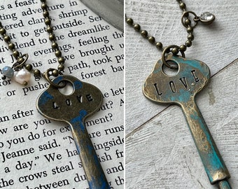 Skeleton Key Necklace, key necklace, hand stamped key, stamped necklace, Mother’s Day gift, antique key necklace, gift for her, gift for mom