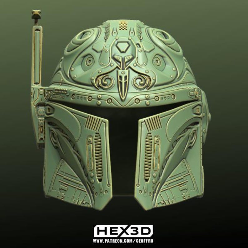 May include: A detailed, green helmet with intricate designs and gold accents. The helmet features a visor, antenna, and various geometric patterns. The text "HEX3D" and a website address are visible at the bottom.