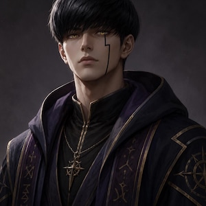 Peut inclure: Une personne aux cheveux noirs courts et aux yeux ambrés, avec une fine ligne noire marquée sur la joue gauche. Elle porte une robe à capuche violet foncé et noire avec des bordures dorées et des symboles, et un collier pendentif étoile doré.