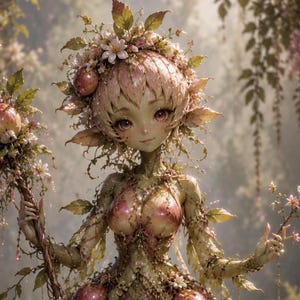 May include: A fantasy figure with light pink hair adorned with white flowers and green leaves. The figure has large pink eyes, a smooth light green complexion, and a body covered in vine-like textures, holding a flowering branch with small fruits.