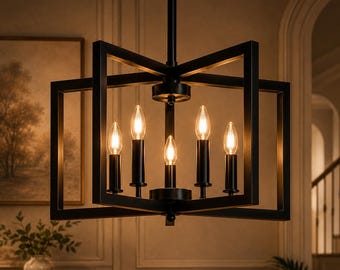 Modern Black & Gold Chandelier, Farmhouse Dining Room Light Fixture, Pendant Light, Geometric Ceiling Lighting