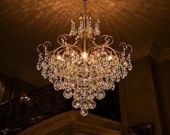 Gold Crystal Chandelier, 10 Light Luxury Pendant, Modern Vintage Ceiling Light