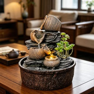 Rustic Tiered Pot Tabletop Fountain with LED Light, Faux Succulent Decor