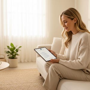 May include: A woman seated on a cream-colored sofa, holding a tablet with a black frame. She is wearing a cream-colored sweater and pants. The room has a neutral color palette with a round wooden coffee table and a potted plant.