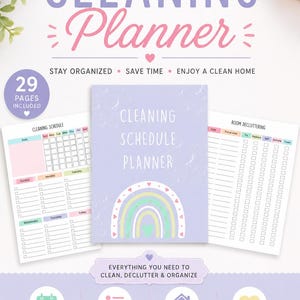May include: A printable PDF cleaning planner with 29 pages. The cover features a pastel rainbow and the text CLEANING SCHEDULE PLANNER. Included are a cleaning schedule with daily and weekly columns and a room decluttering tracker with checkboxes.
