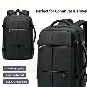 May include: A black backpack featuring multiple zippered compartments, side compression straps, a top handle, and a side handle. Text on the image includes: Perfect for Commute & Travel, 15.6 Inch Laptop, Compartment, USB Charging Port, and 29915.
