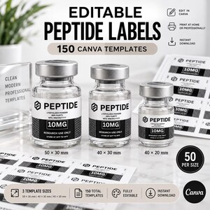 May include: A set of 150 editable peptide label templates for Canva, featuring three clear glass vials with silver caps. The labels display the text PEPTIDE, 10MG, and RESEARCH USE ONLY. Sizes include 50x30mm, 40x30mm, and 40x20mm for 50 labels each.