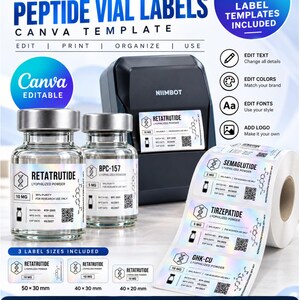 以下が含まれることがあります： Canvaテンプレートを使用したNiimbotペプチドバイルラベルのデジタル製品リスト。画像には、2つのガラスバイアル、ラベルプリンター、およびRetatrutide、BPC-157、Semaglutide、Tirzepatide、GHK-CUなどのテキストが記載されたホログラフィックラベルのロールが表示されています。