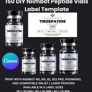 May include: A digital template for 150 Niimbot peptide vial labels featuring the text Tirzepatide 10mg. The design includes a rectangular label layout with fields for lot, manufacturing, and expiration dates, compatible with Niimbot M2, M3, B1, B21 Pro, and Phomemo printers in 50x30mm, 40x30mm, and 40x20mm sizes for 3ml, 5ml, and 10ml vials.