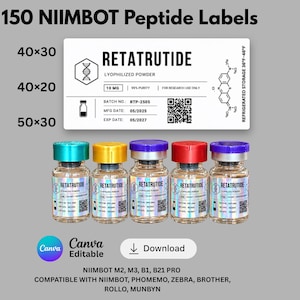 May include: A set of 150 Niimbot peptide labels for Retatrutide lyophilized powder. The rectangular white labels feature black text, a chemical structure, a QR code, and fields for batch, manufacturing, and expiration dates. Five glass vials with colored caps are shown below.