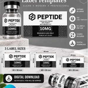 May include: Editable peptide vial label templates featuring a clean, professional design. Includes 150 templates in 3 sizes: 50x30mm, 40x30mm, and 40x20mm. The labels display the text PEPTIDE, 99% PURITY, 10MG, and RESEARCH USE ONLY. Digital download.