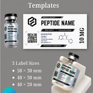 Könnte beinhalten: Bearbeitbare Etikettenvorlagen für Peptidfläschchen mit weißem rechteckigem Design, schwarzem Text, QR-Code und chemischer Struktur. Die Etiketten enthalten Felder für den Namen, 10 mg Dosierung, 99% Reinheit und Hinweise für Forschungszwecke.